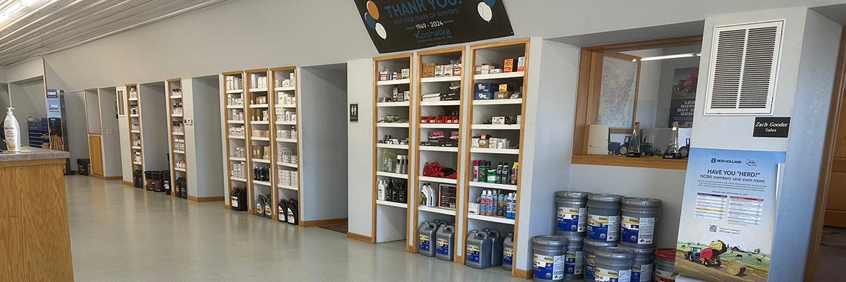 Shelves inside of Koshatka Farm Equipment Inc. Store